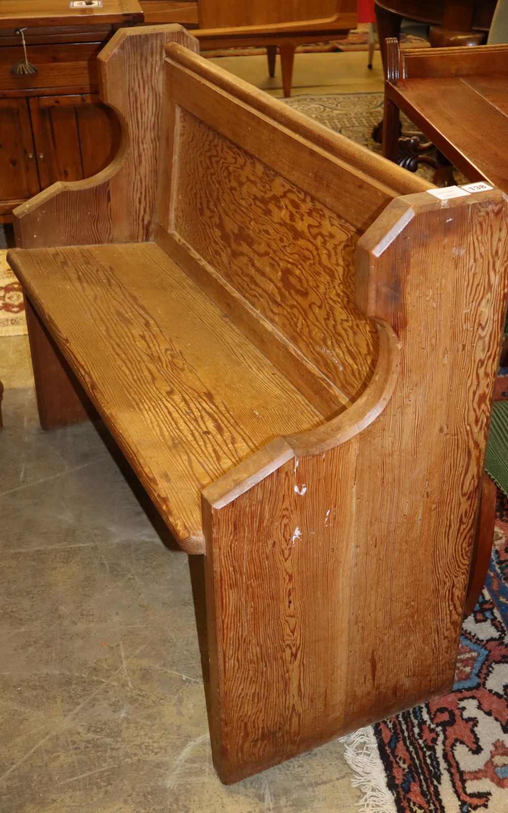 A pair of Victorian pitch pine pews, L.106cm, D.46cm, H.86cm